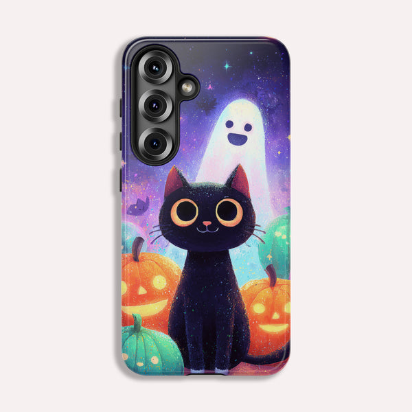 Halloween Samsung Galaxy Phone Case - Cute Black Cat And Pumpkins  - Spooky Samsung S25 S24 S23 S22 Tough Case