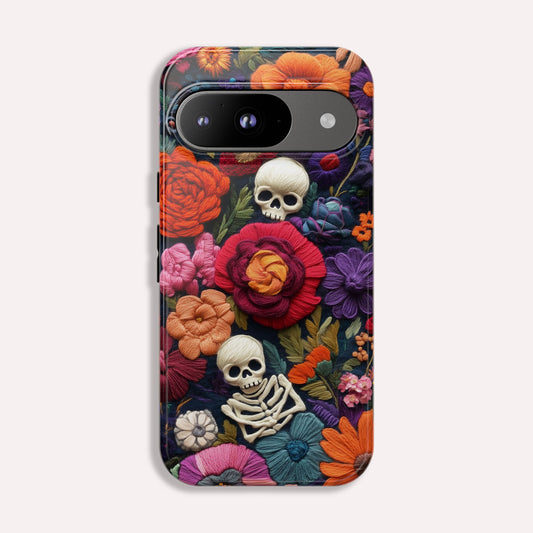 Pixel Phone Case - Embroidered  Flowers And Skulls Unique Gothic Floral Art For Google Pixel 9 Pro XL, Pixel 8 Case Pixel 7 6 5