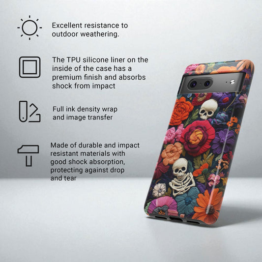Pixel Phone Case - Embroidered  Flowers And Skulls Unique Gothic Floral Art For Google Pixel 9 Pro XL, Pixel 8 Case Pixel 7 6 5